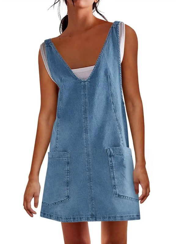 Denim scoop neck overall dress - Charming Charlie