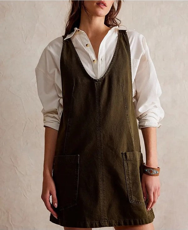 Denim scoop neck overall dress - Charming Charlie