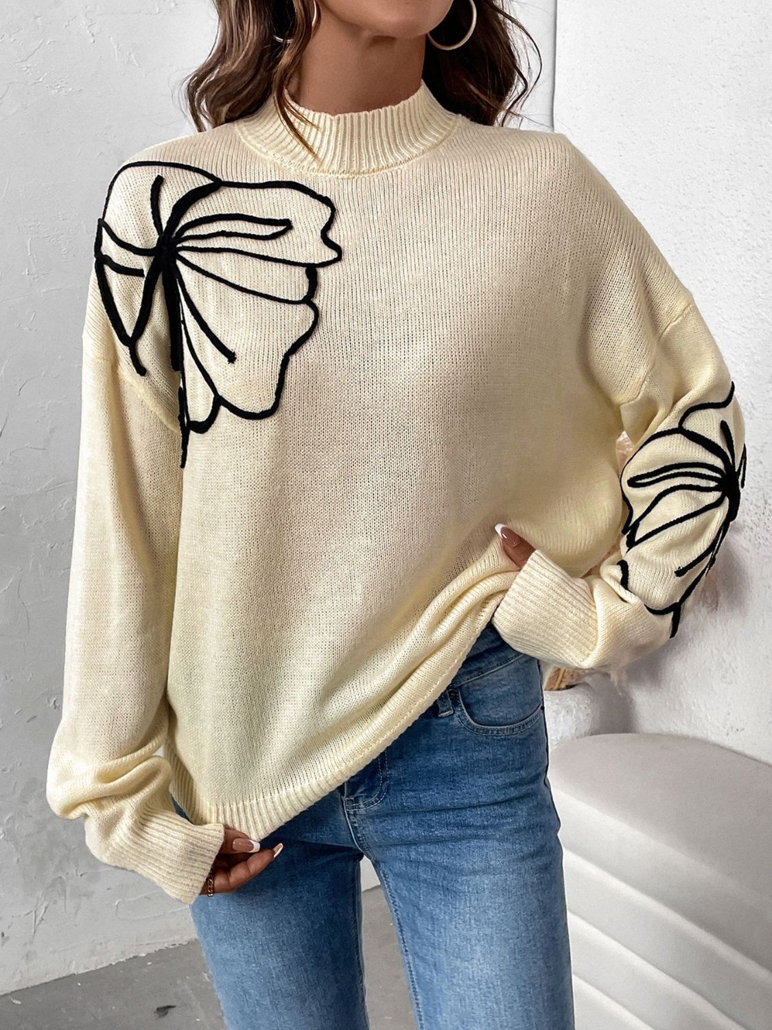 Perfee Mock Neck Dropped Shoulder Long Sleeve Sweater - Charming Charlie