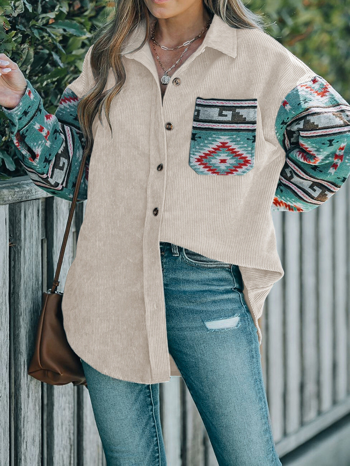 Perfee Pocketed Geometric Collared Neck Shacket - Charming Charlie