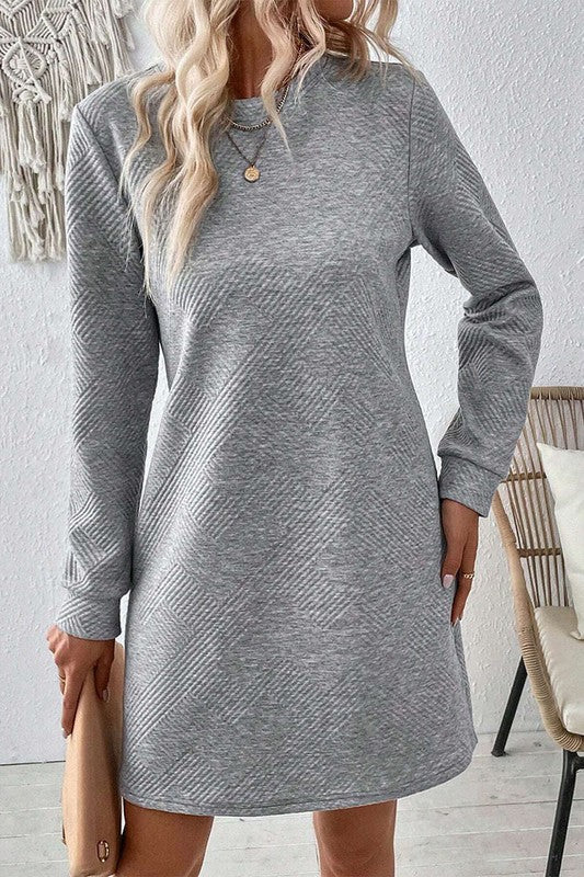 Women Solid Color Textured Long Sleeve Shift Dress - Charming Charlie