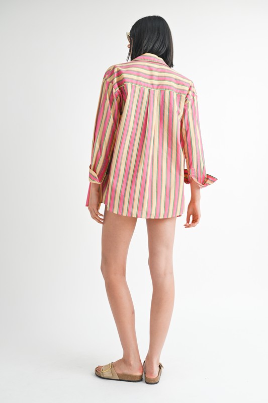 BUTTON UP OVERSIZED COLLARED STRIPE SHIRT - Charming Charlie