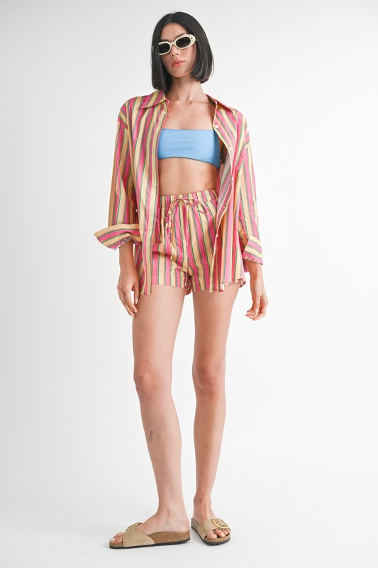BUTTON UP OVERSIZED COLLARED STRIPE SHIRT - Charming Charlie