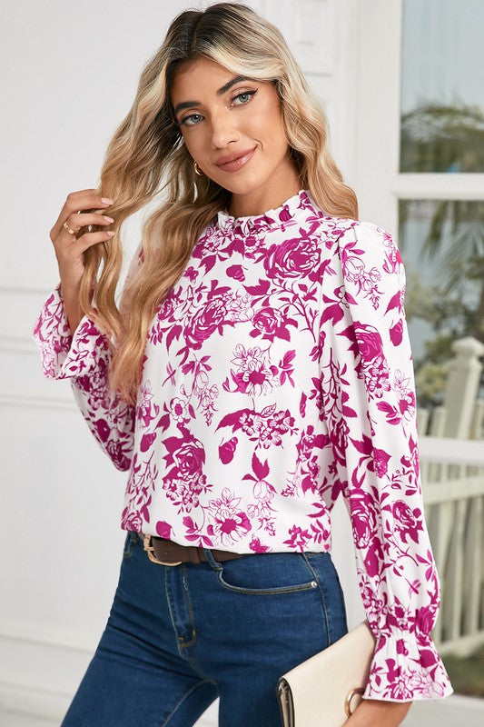 Floral Print Flounce Sleeve Keyhole Back Blouse - Charming Charlie