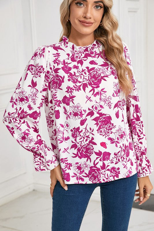Floral Print Flounce Sleeve Keyhole Back Blouse - Charming Charlie