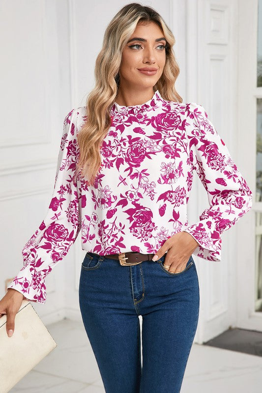Floral Print Flounce Sleeve Keyhole Back Blouse - Charming Charlie
