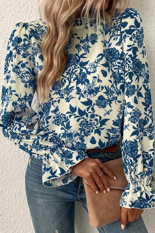 Floral Print Flounce Sleeve Keyhole Back Blouse - Charming Charlie