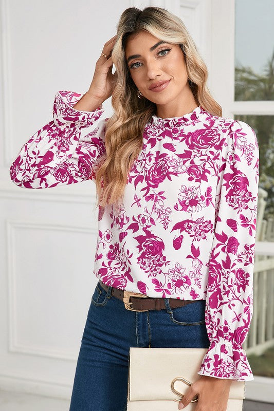 Floral Print Flounce Sleeve Keyhole Back Blouse - Charming Charlie