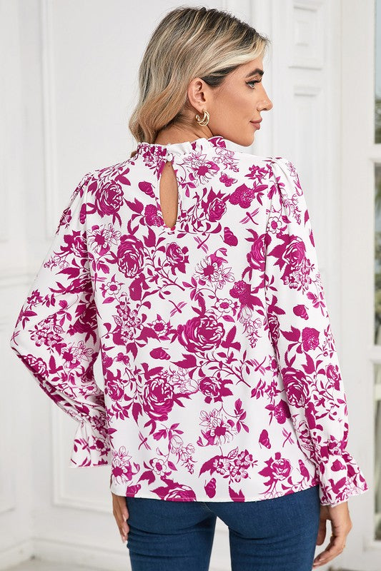Floral Print Flounce Sleeve Keyhole Back Blouse - Charming Charlie