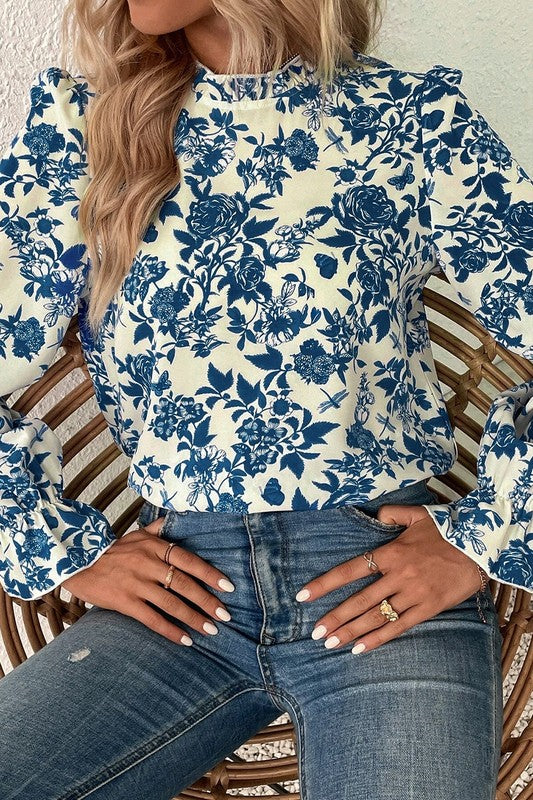 Floral Print Flounce Sleeve Keyhole Back Blouse - Charming Charlie