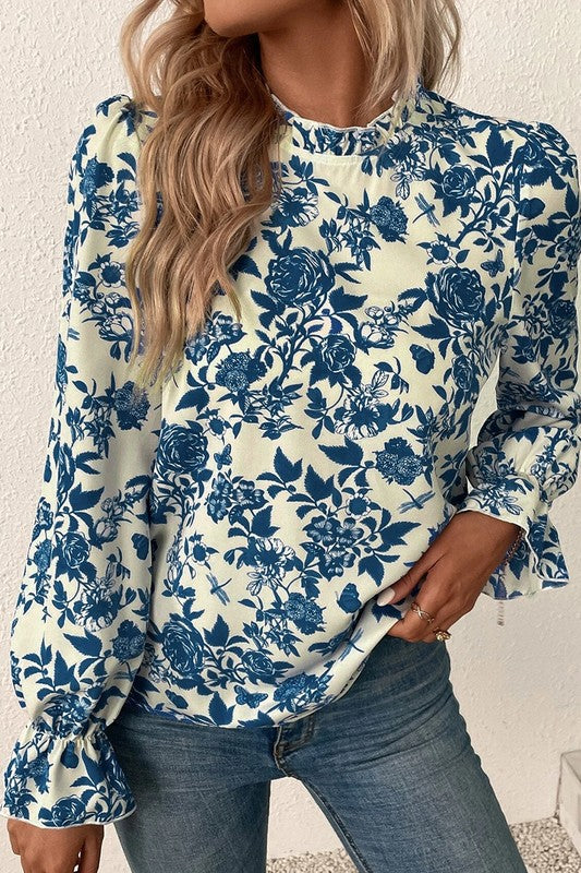 Floral Print Flounce Sleeve Keyhole Back Blouse - Charming Charlie
