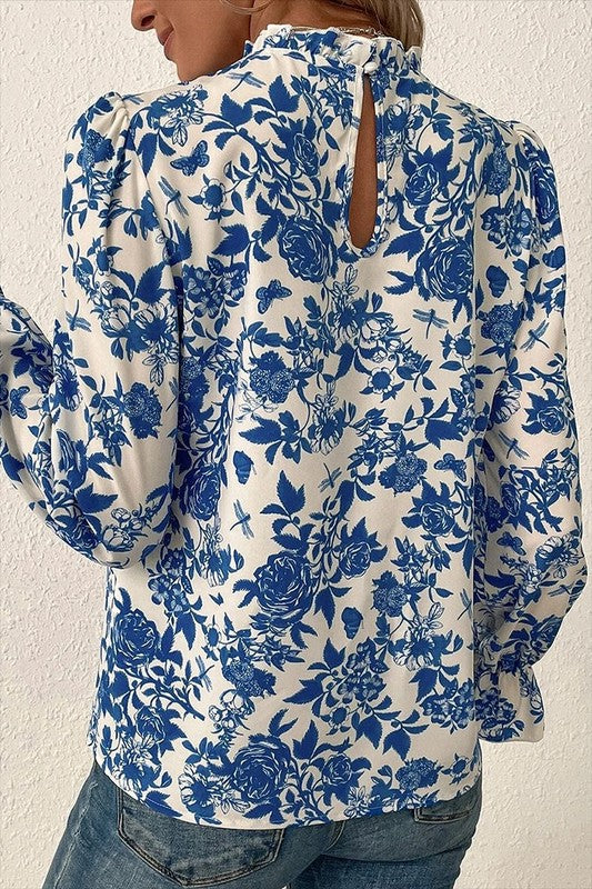 Women Floral Print Flounce Sleeve Keyhole Blouse - Charming Charlie