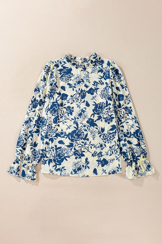 Women Floral Print Flounce Sleeve Keyhole Blouse - Charming Charlie