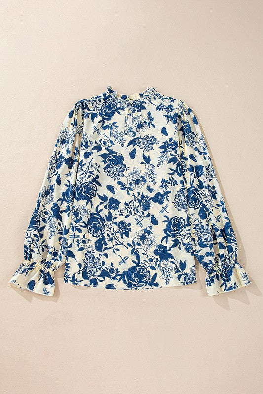 Women Floral Print Flounce Sleeve Keyhole Blouse - Charming Charlie