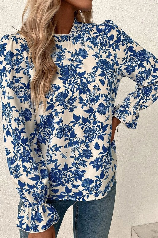 Women Floral Print Flounce Sleeve Keyhole Blouse - Charming Charlie