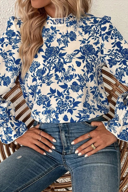 Women Floral Print Flounce Sleeve Keyhole Blouse - Charming Charlie
