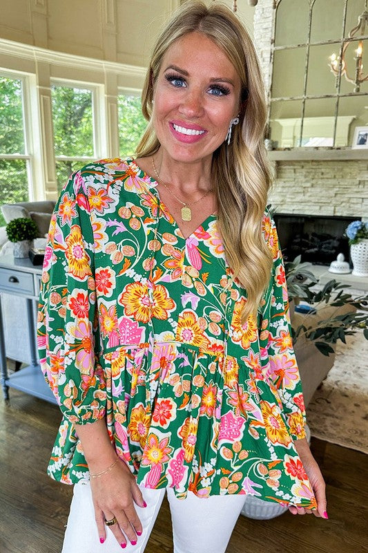 Sweet Pompoms Collar Puff Sleeves Blouse Green and Orange main image 0