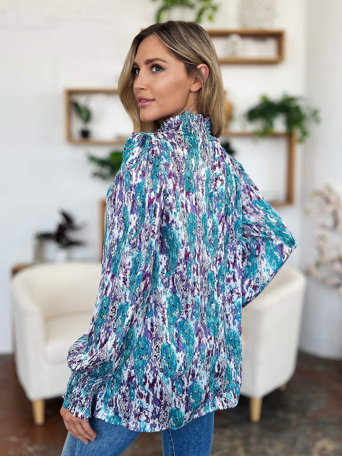 Double Take Full Size Printed Smocked Long Sleeve Blouse - Charming Charlie