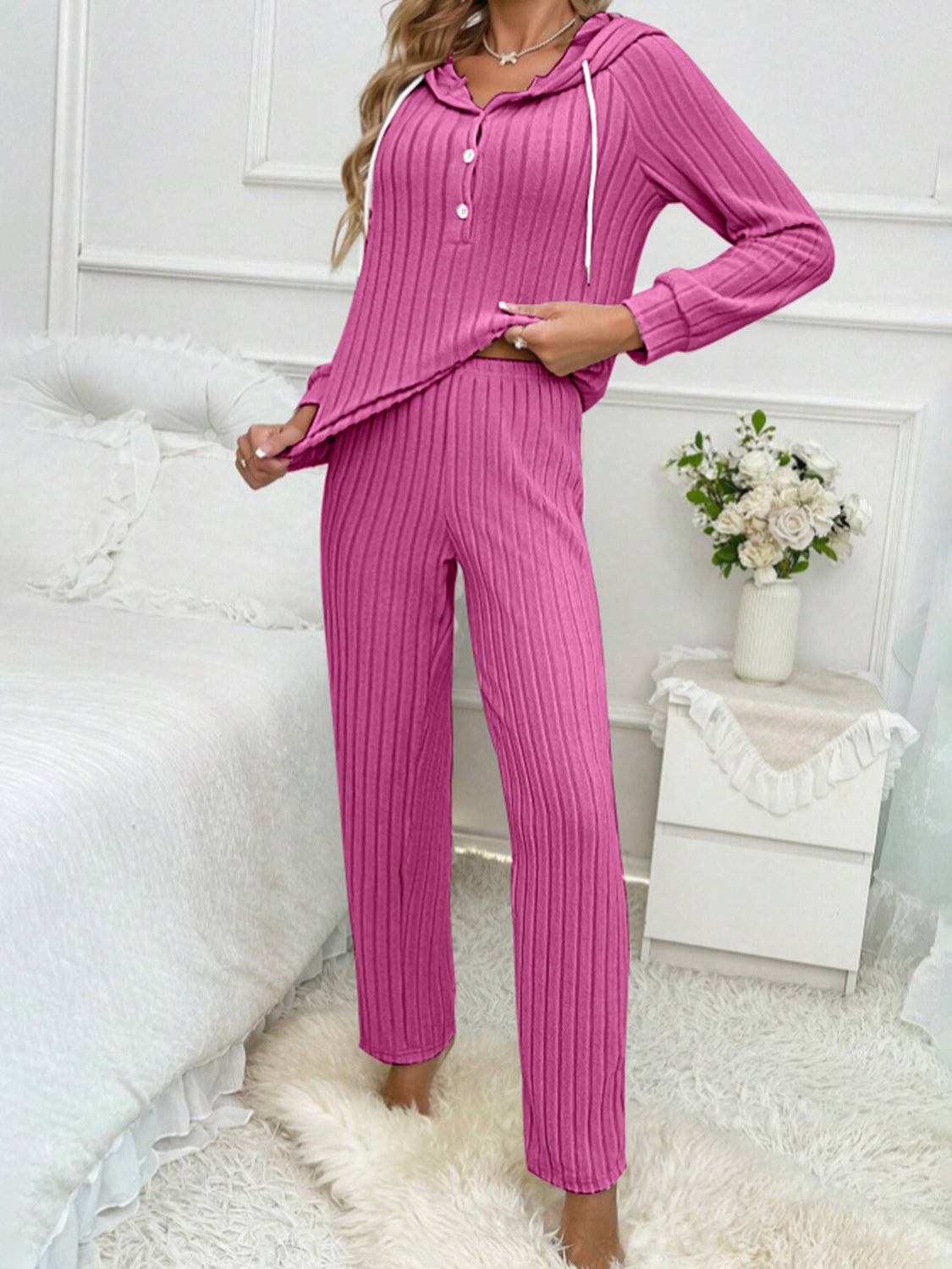 Drawstring Half Button Hooded Top and Ribbed Pants Set - Charming Charlie