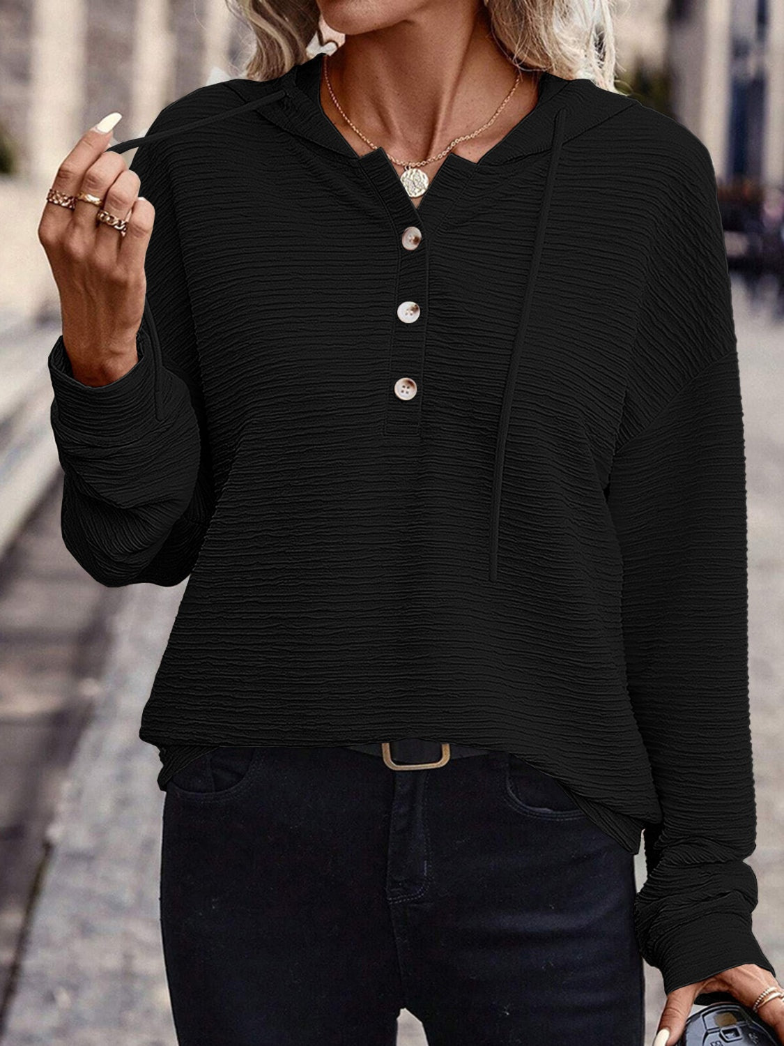 Drawstring Quarter Button Long Sleeve Hoodie - Charming Charlie