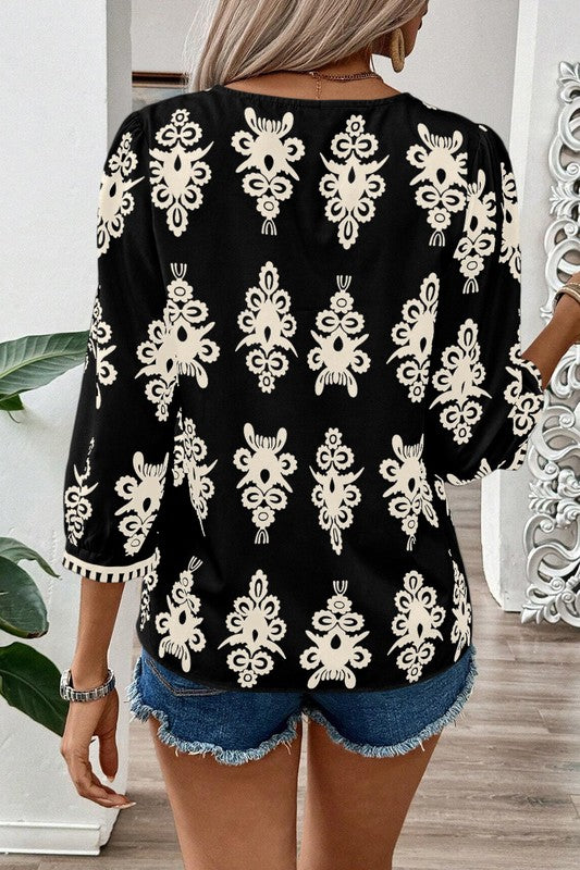 Women Geometric Printed 3/4 Sleeve V Neck Blouse - Charming Charlie
