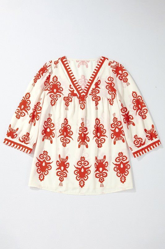 Women Geometric Printed 3/4 Sleeve V Neck Blouse - Charming Charlie