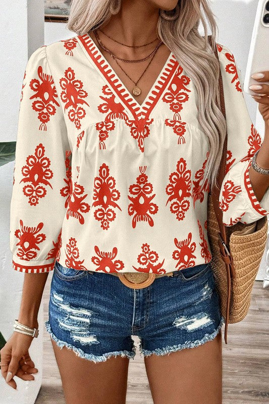 Women Geometric Printed 3/4 Sleeve V Neck Blouse - Charming Charlie