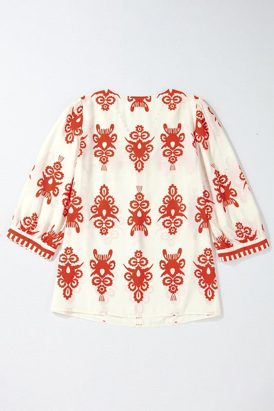 Women Geometric Printed 3/4 Sleeve V Neck Blouse - Charming Charlie