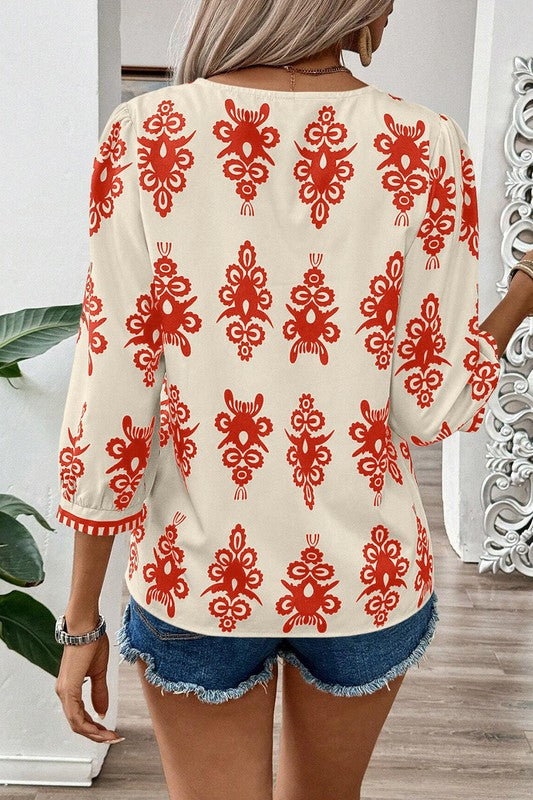 Women Geometric Printed 3/4 Sleeve V Neck Blouse - Charming Charlie