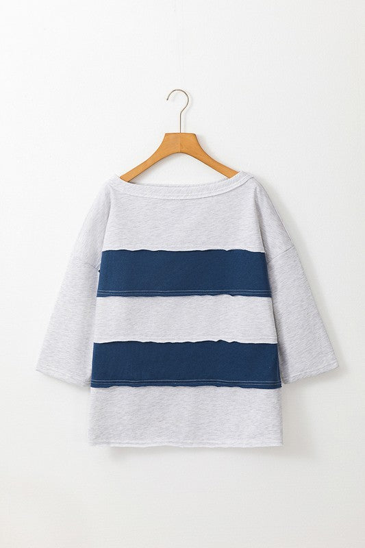 Striped Patchwork 3/4 Sleeve Raw Seamed Sweatshirt - Charming Charlie