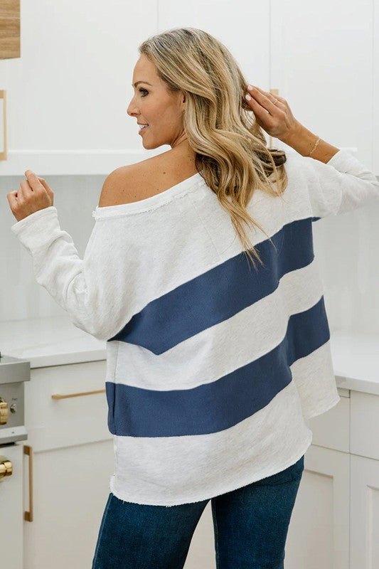 Striped Patchwork 3/4 Sleeve Raw Seamed Sweatshirt - Charming Charlie