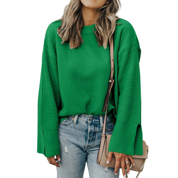 Solid Knit Split Cuff Drop Shoulder Sweater - Charming Charlie