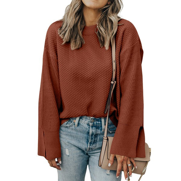 Solid Knit Split Cuff Drop Shoulder Sweater - Charming Charlie