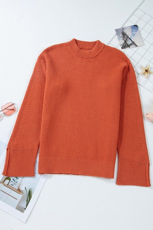 Solid Knit Split Cuff Drop Shoulder Sweater - Charming Charlie