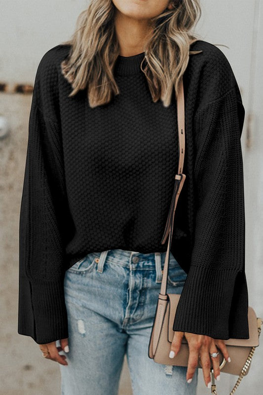 Solid Knit Split Cuff Drop Shoulder Sweater - Charming Charlie