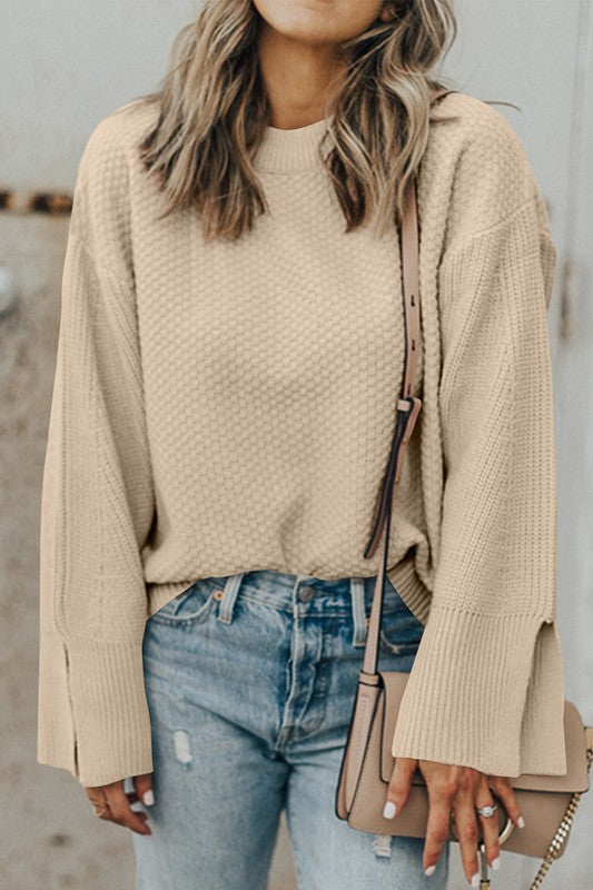 Solid Knit Split Cuff Drop Shoulder Sweater - Charming Charlie