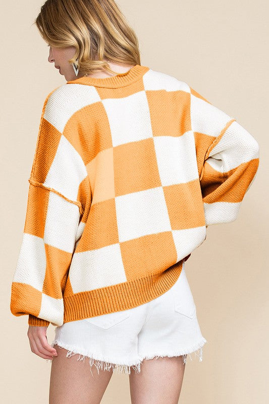 Women Checkered Bishop Sleeve Sweater - Charming Charlie