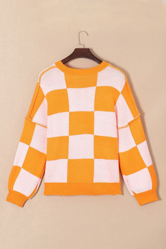 Women Checkered Bishop Sleeve Sweater - Charming Charlie