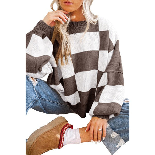 Women Checkered Bishop Sleeve Sweater - Charming Charlie
