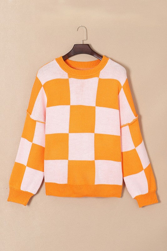 Women Checkered Bishop Sleeve Sweater - Charming Charlie