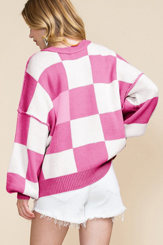Women Checkered Bishop Sleeve Sweater - Charming Charlie