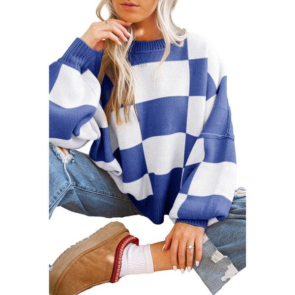 Women Checkered Bishop Sleeve Sweater - Charming Charlie