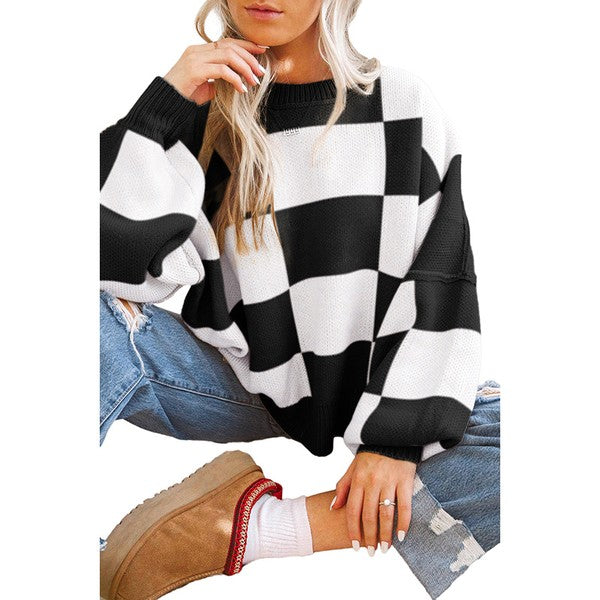 Women Checkered Bishop Sleeve Sweater - Charming Charlie