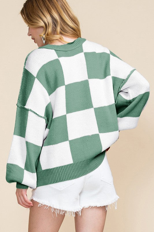 Women Checkered Bishop Sleeve Sweater - Charming Charlie