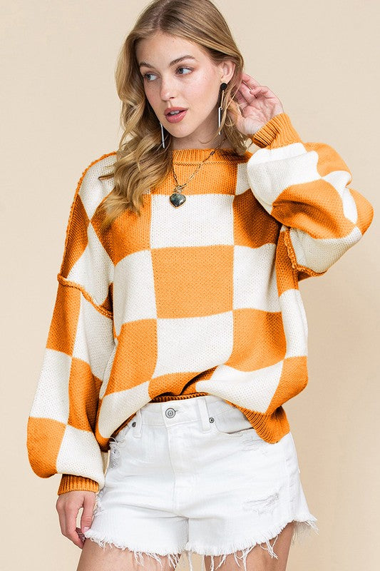 Women Checkered Bishop Sleeve Sweater - Charming Charlie