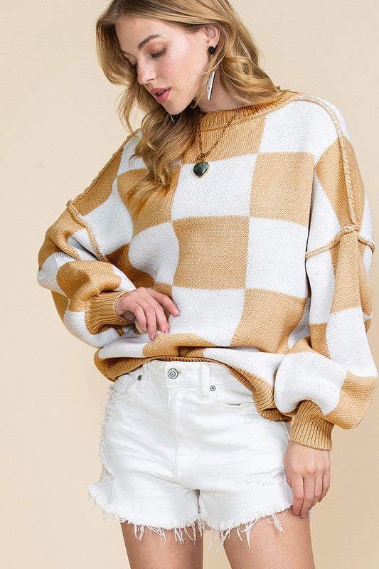 Women Checkered Bishop Sleeve Sweater - Charming Charlie