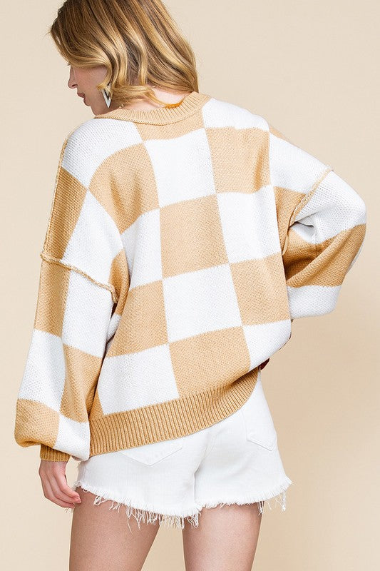 Women Checkered Bishop Sleeve Sweater - Charming Charlie