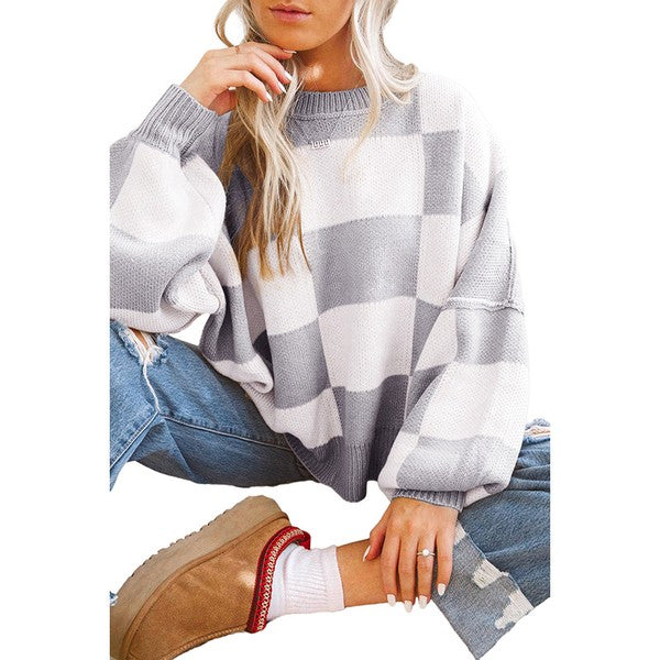 Women Checkered Bishop Sleeve Sweater - Charming Charlie