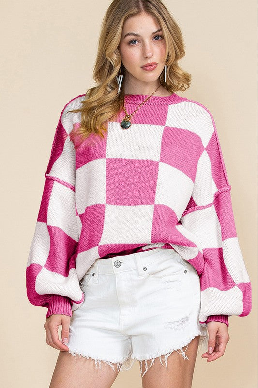 Women Checkered Bishop Sleeve Sweater - Charming Charlie