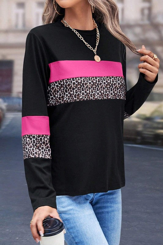 Colorblock Patchwork Crew Neck Long Sleeve Tee - Charming Charlie